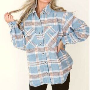 In Loom Plaid Oversized Flannel with curved hem and pockets NWOT